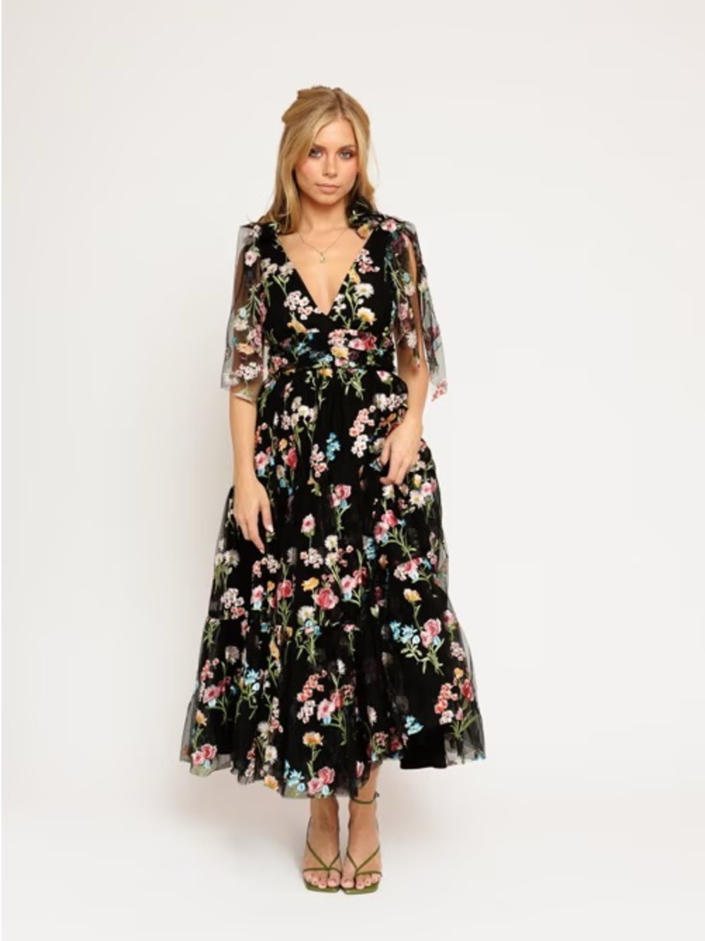 Margaret Floral Embroidered Midi Dress Black